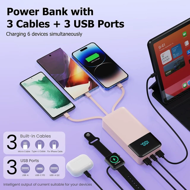 Alt view image 3 of 7 - Portable Charger Power Bank 50800mAh,25W USB C Fast Charging Battery Pack with 3 Built in Cables & LED Display,6 Output 2 Input Travel Essentials Phone Charger for iPhone 17/16/15,Android etc (Pink)