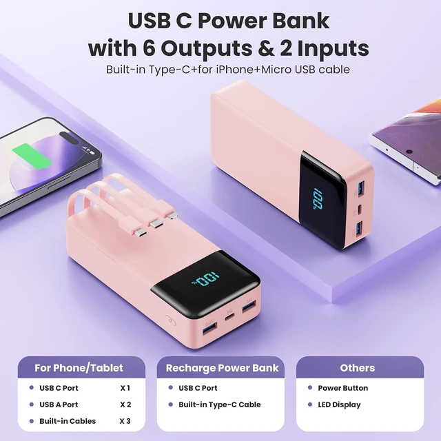 Alt view image 2 of 7 - Portable Charger Power Bank 50800mAh,25W USB C Fast Charging Battery Pack with 3 Built in Cables & LED Display,6 Output 2 Input Travel Essentials Phone Charger for iPhone 17/16/15,Android etc (Pink)