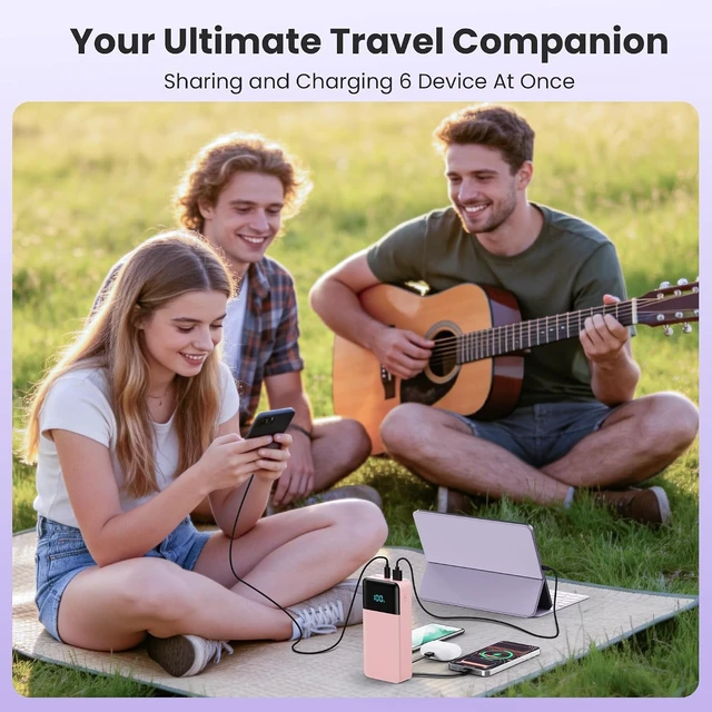 Alt view image 7 of 7 - Portable Charger Power Bank 50800mAh,25W USB C Fast Charging Battery Pack with 3 Built in Cables & LED Display,6 Output 2 Input Travel Essentials Phone Charger for iPhone 17/16/15,Android etc (Pink)