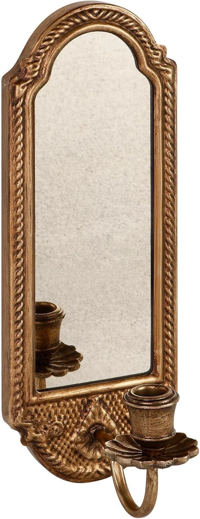 Main image of Vintage Gold Wall-Mounted Candle Sconce with Mirror - Floral Base & 3D Woven Texture for Bathroom, Dining Room, Entryway