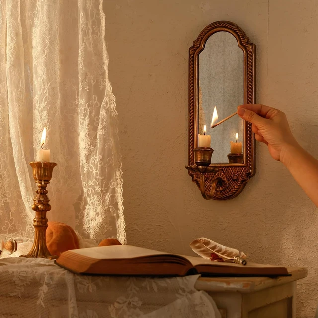 Alt view image 2 of 7 - Vintage Gold Wall-Mounted Candle Sconce with Mirror - Floral Base & 3D Woven Texture for Bathroom, Dining Room, Entryway
