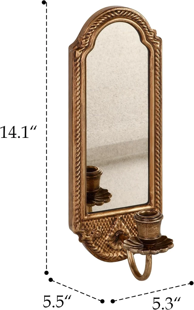 Alt view image 4 of 7 - Vintage Gold Wall-Mounted Candle Sconce with Mirror - Floral Base & 3D Woven Texture for Bathroom, Dining Room, Entryway