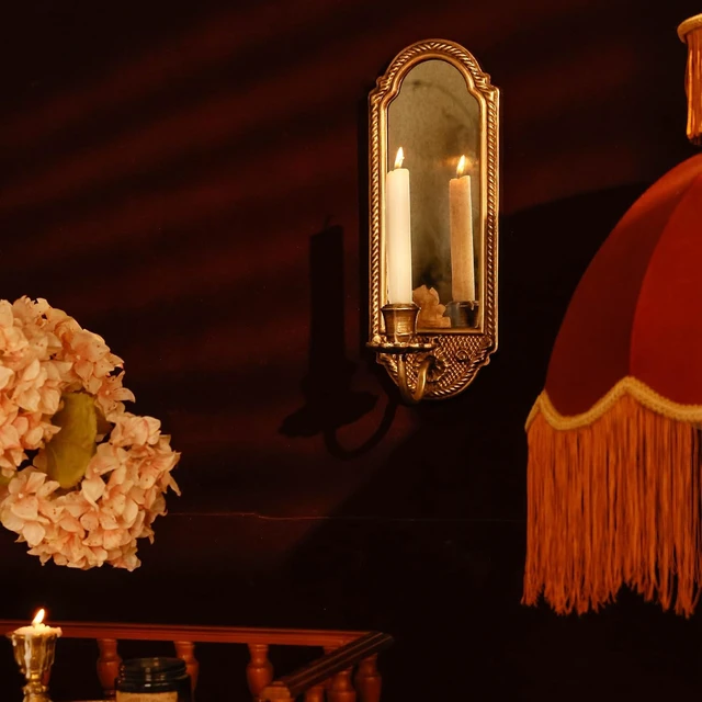 Alt view image 5 of 7 - Vintage Gold Wall-Mounted Candle Sconce with Mirror - Floral Base & 3D Woven Texture for Bathroom, Dining Room, Entryway