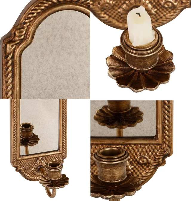 Alt view image 7 of 7 - Vintage Gold Wall-Mounted Candle Sconce with Mirror - Floral Base & 3D Woven Texture for Bathroom, Dining Room, Entryway