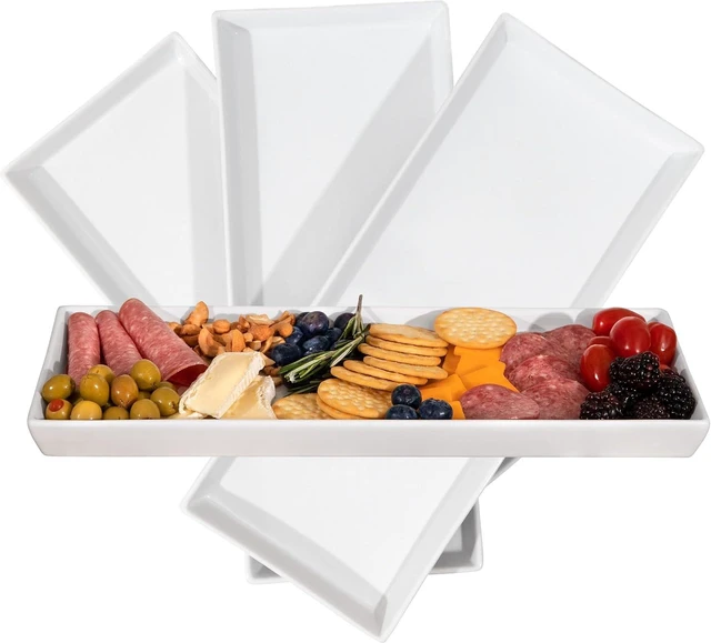 Main image of White Ceramic Serving Platters (14 x 6 Inch Rectangle Plates) Serving Dishes for Entertaining, Food, Appetizers, Desserts, Cheese Board, Charcuterie, Sushi - Set of 4 Party Serving Trays