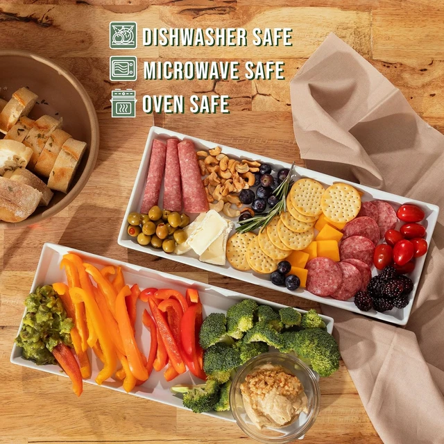 Alt view image 3 of 7 - White Ceramic Serving Platters (14 x 6 Inch Rectangle Plates) Serving Dishes for Entertaining, Food, Appetizers, Desserts, Cheese Board, Charcuterie, Sushi - Set of 4 Party Serving Trays