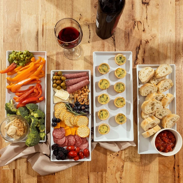Alt view image 4 of 7 - White Ceramic Serving Platters (14 x 6 Inch Rectangle Plates) Serving Dishes for Entertaining, Food, Appetizers, Desserts, Cheese Board, Charcuterie, Sushi - Set of 4 Party Serving Trays