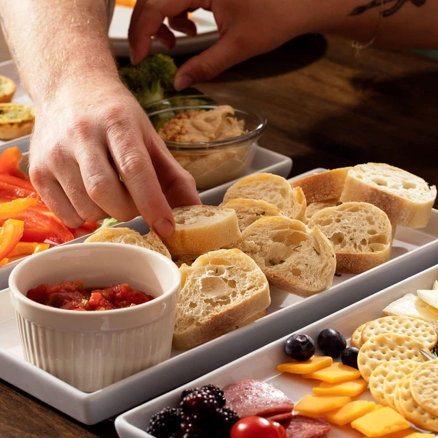 Alt view image 6 of 7 - White Ceramic Serving Platters (14 x 6 Inch Rectangle Plates) Serving Dishes for Entertaining, Food, Appetizers, Desserts, Cheese Board, Charcuterie, Sushi - Set of 4 Party Serving Trays