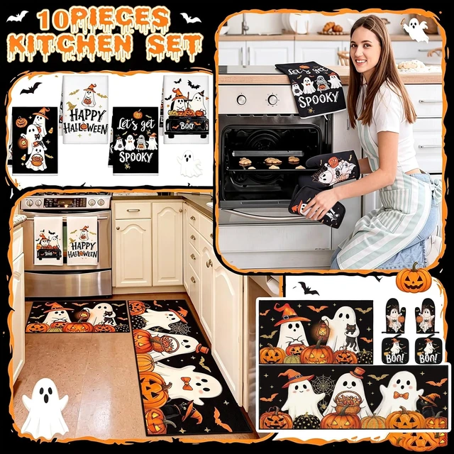 Alt view image 2 of 7 - 10 Pcs Halloween Kitchen Decor Set Ghost Pumpkin Kitchen Accessory