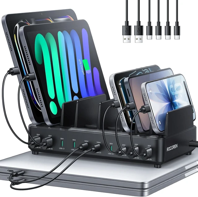 Main image of 400W 10Port Charging Station,Dual PD 100W Dock w/ 6 Cables