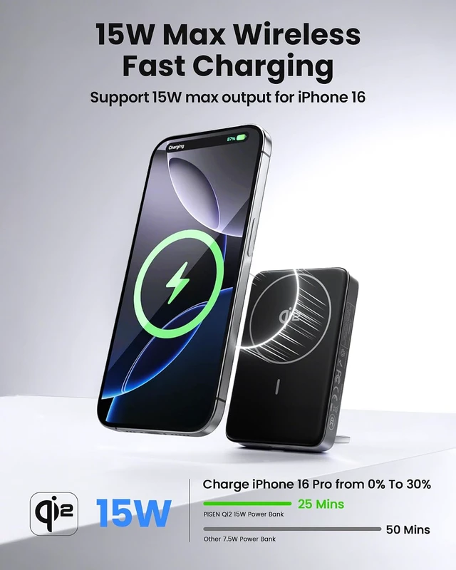 Alt view image 2 of 7 - 3C Wireless Power Bank - 10000mAh Qi2 Wireless Portable Charger 30W 3C Certified Qi2 Power Bank with Stand Airplane Safe Magnetic CCC Travel Portable Charger for iPhone 17/16/15/14/13/12 Series