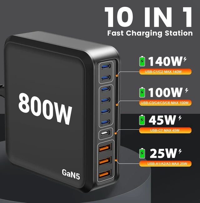 Alt view image 3 of 7 - 800W USB C Charger Block Fast 10-Port USB C Charging Station GaN PD 140W Laptop Charger Adapter for MacBook Pro/Air, , iPad, iPhone, Galaxy