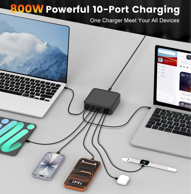 Alt view image 6 of 7 - 800W USB C Charger Block Fast 10-Port USB C Charging Station GaN PD 140W Laptop Charger Adapter for MacBook Pro/Air, , iPad, iPhone, Galaxy