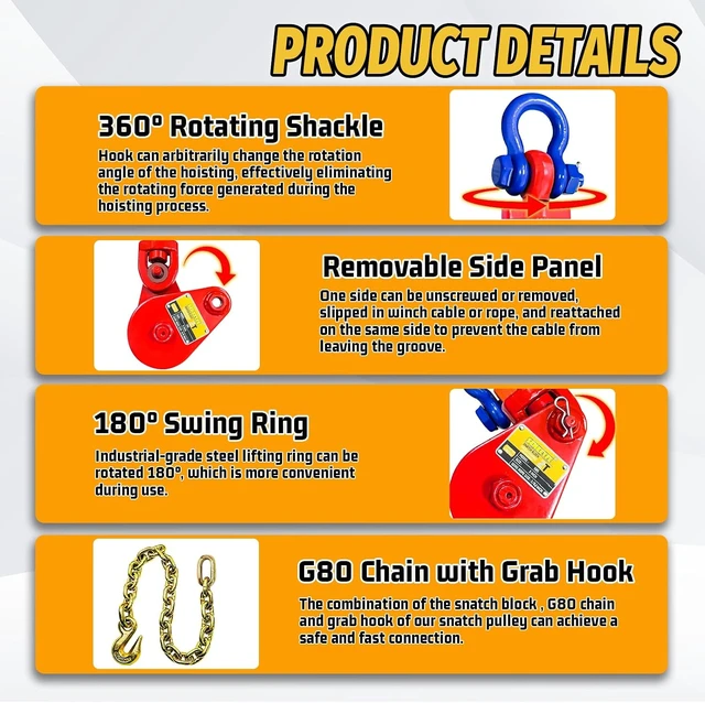 Alt view image 3 of 7 - Upgraded Snatch Block with Chain, Snatch Block 2 Ton WLL, for 3/8" Wire Rope,Snatch Block Pulley for Towing and RecoveryRollback Wrecker Car Carrier Tow Truck Accessories
