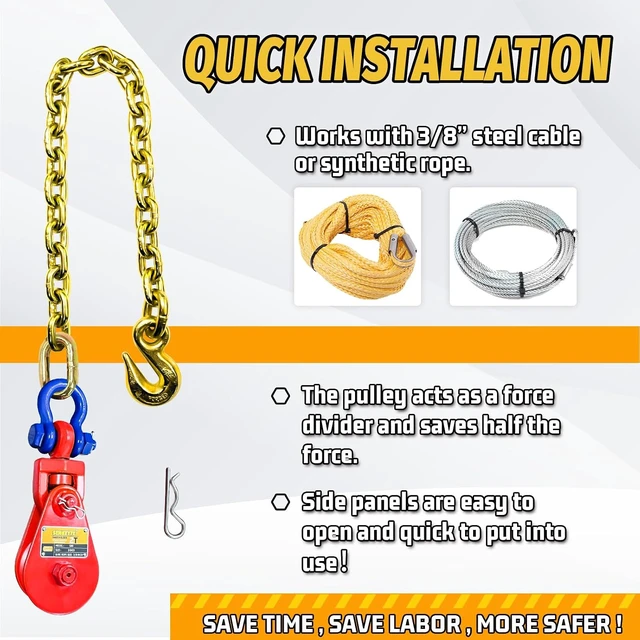 Alt view image 4 of 7 - Upgraded Snatch Block with Chain, Snatch Block 2 Ton WLL, for 3/8" Wire Rope,Snatch Block Pulley for Towing and RecoveryRollback Wrecker Car Carrier Tow Truck Accessories