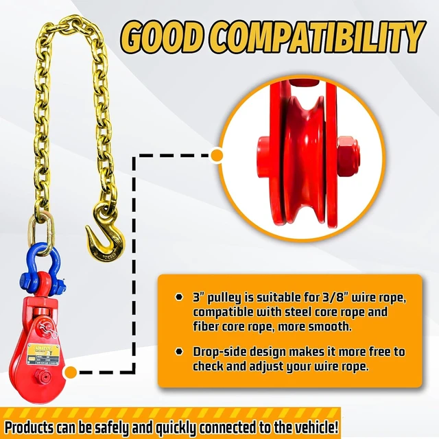 Alt view image 5 of 7 - Upgraded Snatch Block with Chain, Snatch Block 2 Ton WLL, for 3/8" Wire Rope,Snatch Block Pulley for Towing and RecoveryRollback Wrecker Car Carrier Tow Truck Accessories