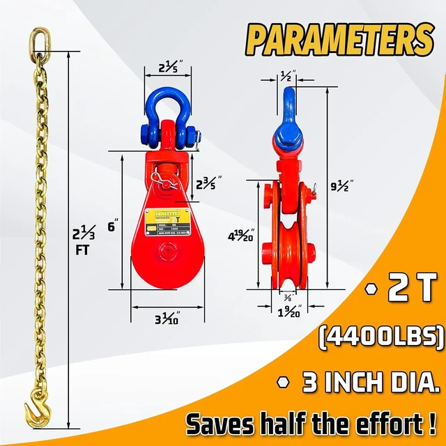 Alt view image 6 of 7 - Upgraded Snatch Block with Chain, Snatch Block 2 Ton WLL, for 3/8" Wire Rope,Snatch Block Pulley for Towing and RecoveryRollback Wrecker Car Carrier Tow Truck Accessories