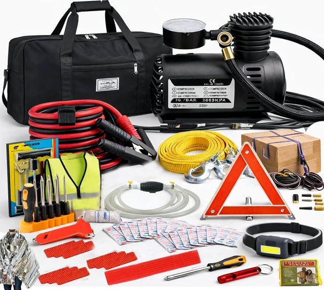 Main image of Car Roadside Emergency Kit, with Jumper Cables Automotive Kit,Car Safety Roadside Assistance Kit Headlamp,Tow Straps, Safety Hammers, Rainwear, Gloves.Black