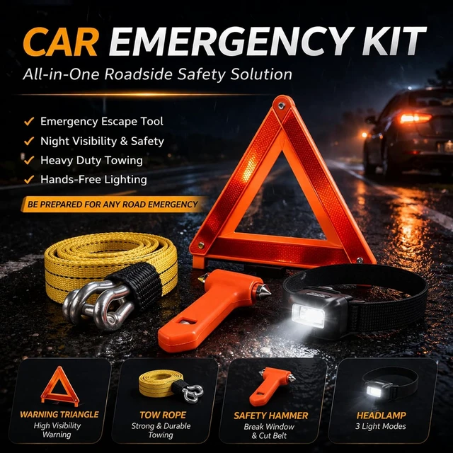 Alt view image 6 of 7 - Car Roadside Emergency Kit, with Jumper Cables Automotive Kit,Car Safety Roadside Assistance Kit Headlamp,Tow Straps, Safety Hammers, Rainwear, Gloves.Black