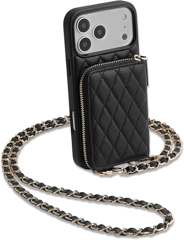 Main image of for iPhone 17 Pro Max Wallet Case with Card Holder, Quilted Leather Crossbody Zipper Purse for Women 6.9'' Black