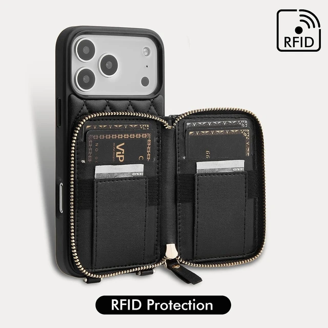 Alt view image 2 of 7 - for iPhone 17 Pro Max Wallet Case with Card Holder, Quilted Leather Crossbody Zipper Purse for Women 6.9'' Black