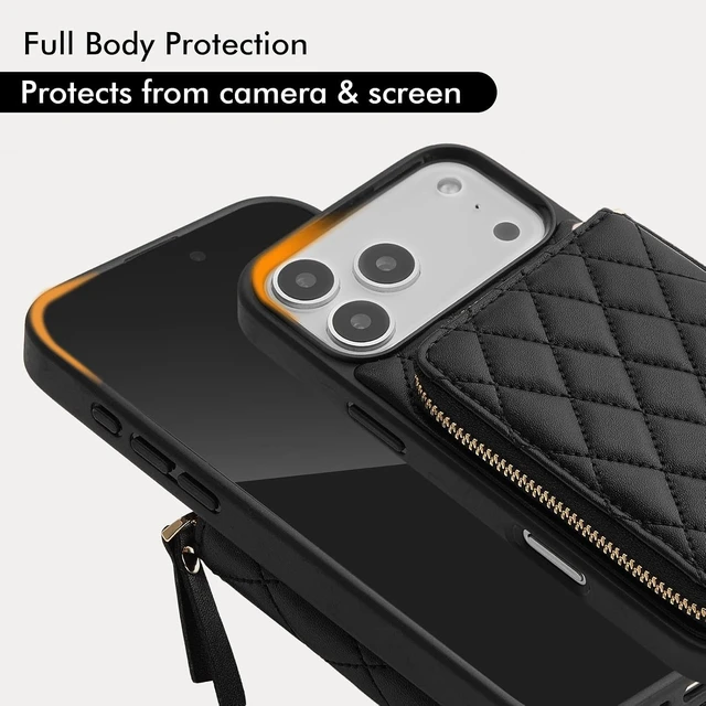 Alt view image 7 of 7 - for iPhone 17 Pro Max Wallet Case with Card Holder, Quilted Leather Crossbody Zipper Purse for Women 6.9'' Black