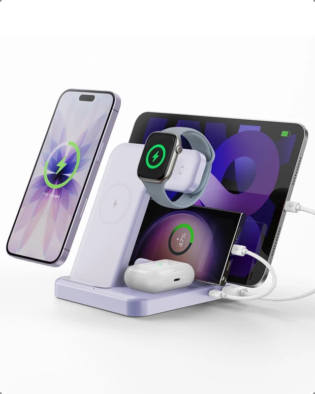 Main image of Multiple Devices Charging Station, 5-in-1 Charging Station for iPhone 17 Pro Max/Pro/Plus/16/15/14/13/12, iPad Pro/Air/Mini, Watch and Airpods,Wireless Charging Dock(G805) (Lavender)