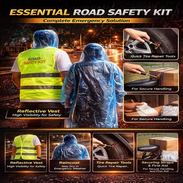 Alt view image 7 of 7 - Car Roadside Emergency Kit, with Jumper Cables Automotive Kit,Car Safety Roadside Assistance Kit Headlamp,Tow Straps, Safety Hammers, Rainwear, Gloves.Black