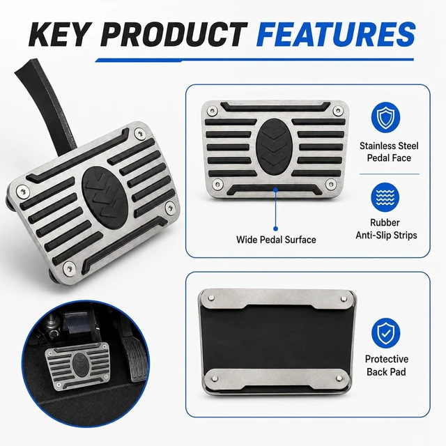 Alt view image 6 of 6 - Automatic Transmission Brake Pedal Pad Extender, Stainless Steel Enlarged and Widened Brake Pedal Cover with Rubber Anti-Slip Strips