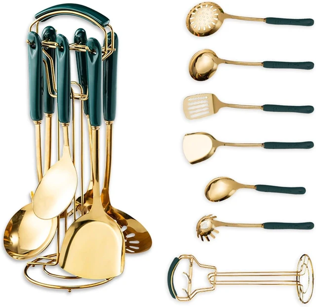 Main image of Gold Kitchen Utensils,7 Pieces Cooking Utensils Set,Kitchen Tools Set With Utensil Holder, Gold Kitchen Accessories, Dishwasher Safe, Easy To Clean (Green)