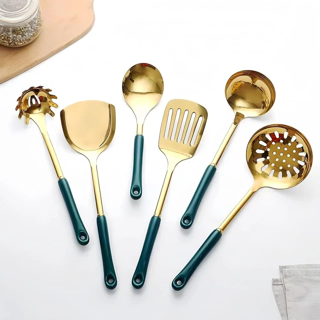 Alt view image 2 of 7 - Gold Kitchen Utensils,7 Pieces Cooking Utensils Set,Kitchen Tools Set With Utensil Holder, Gold Kitchen Accessories, Dishwasher Safe, Easy To Clean (Green)