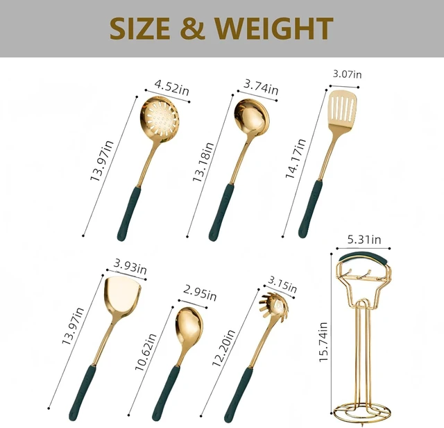 Alt view image 3 of 7 - Gold Kitchen Utensils,7 Pieces Cooking Utensils Set,Kitchen Tools Set With Utensil Holder, Gold Kitchen Accessories, Dishwasher Safe, Easy To Clean (Green)