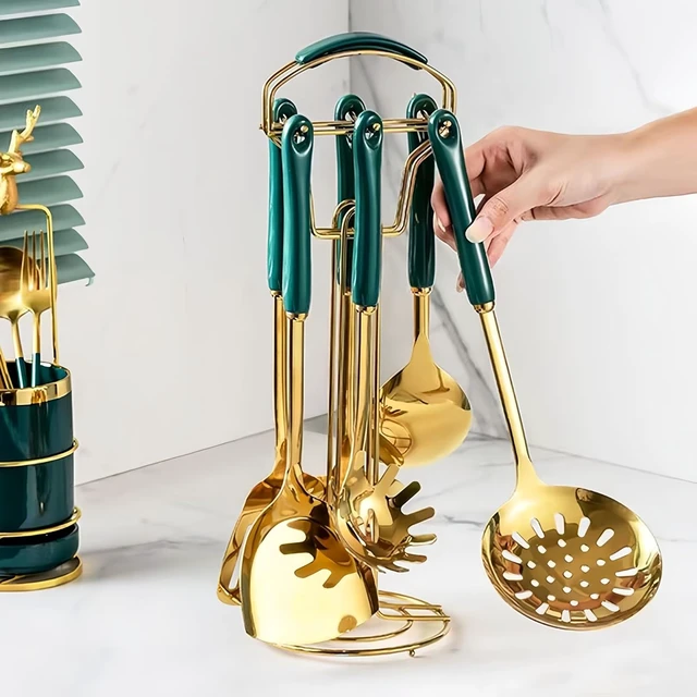 Alt view image 5 of 7 - Gold Kitchen Utensils,7 Pieces Cooking Utensils Set,Kitchen Tools Set With Utensil Holder, Gold Kitchen Accessories, Dishwasher Safe, Easy To Clean (Green)