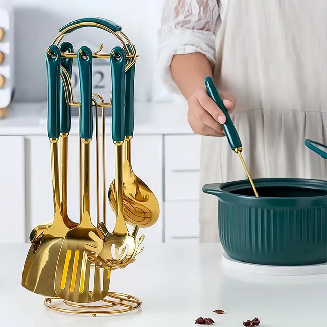 Alt view image 4 of 7 - Gold Kitchen Utensils,7 Pieces Cooking Utensils Set,Kitchen Tools Set With Utensil Holder, Gold Kitchen Accessories, Dishwasher Safe, Easy To Clean (Green)