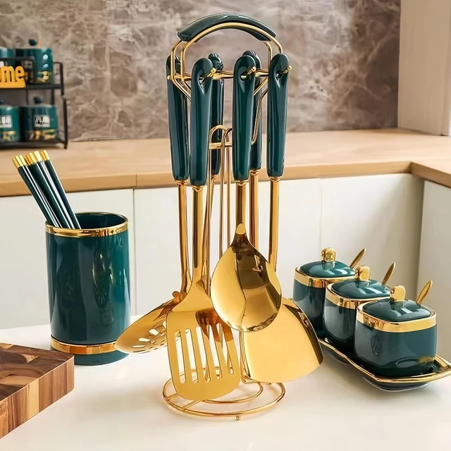 Alt view image 6 of 7 - Gold Kitchen Utensils,7 Pieces Cooking Utensils Set,Kitchen Tools Set With Utensil Holder, Gold Kitchen Accessories, Dishwasher Safe, Easy To Clean (Green)