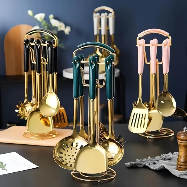 Alt view image 7 of 7 - Gold Kitchen Utensils,7 Pieces Cooking Utensils Set,Kitchen Tools Set With Utensil Holder, Gold Kitchen Accessories, Dishwasher Safe, Easy To Clean (Green)