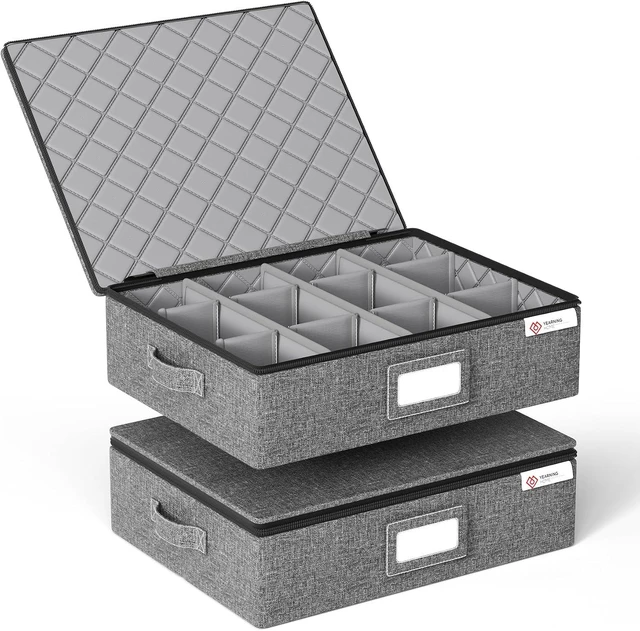 Main image of Cup and Mug Storage Box with Hard Shell and Dividers for Coffee Mugs,Tea Cups and Glasses,Stackable Storage Organizers with Lid,Handles,Zips and Label for Moving,Holds 24,2 Pack, Grey