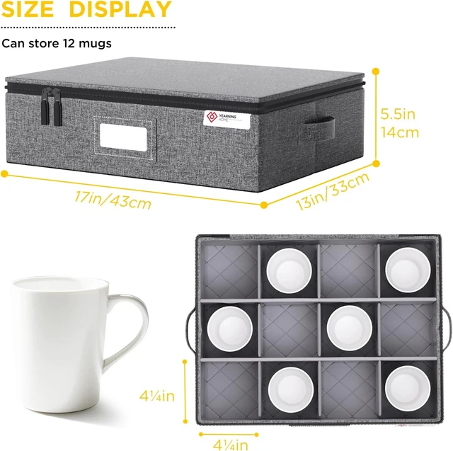 Alt view image 2 of 6 - Cup and Mug Storage Box with Hard Shell and Dividers for Coffee Mugs,Tea Cups and Glasses,Stackable Storage Organizers with Lid,Handles,Zips and Label for Moving,Holds 24,2 Pack, Grey