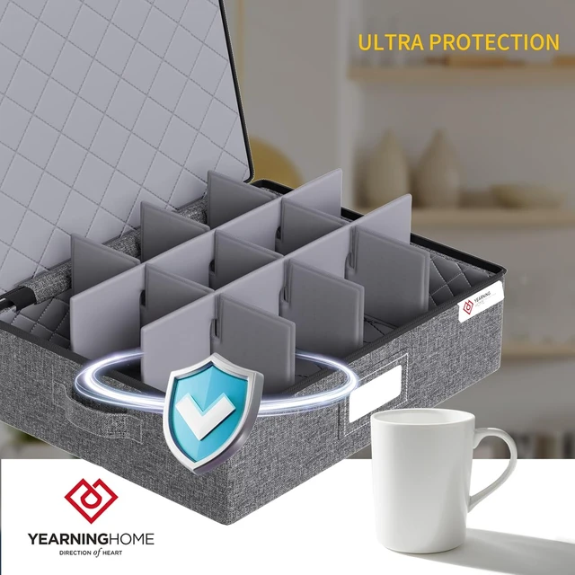 Alt view image 4 of 6 - Cup and Mug Storage Box with Hard Shell and Dividers for Coffee Mugs,Tea Cups and Glasses,Stackable Storage Organizers with Lid,Handles,Zips and Label for Moving,Holds 24,2 Pack, Grey