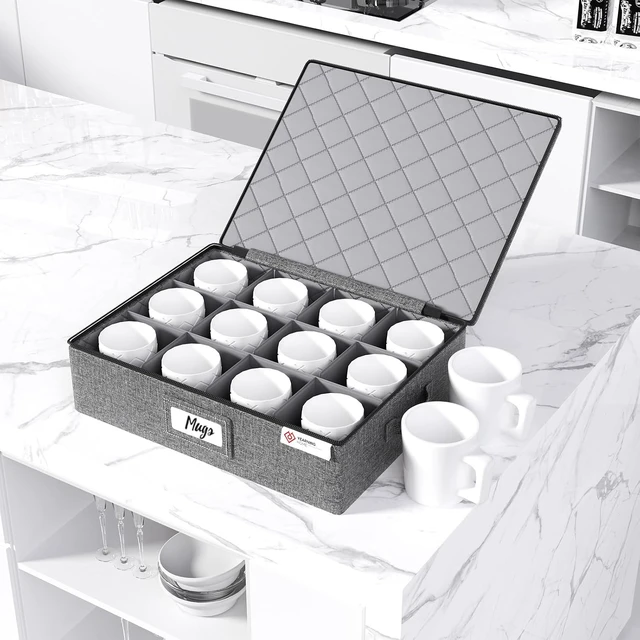 Alt view image 5 of 6 - Cup and Mug Storage Box with Hard Shell and Dividers for Coffee Mugs,Tea Cups and Glasses,Stackable Storage Organizers with Lid,Handles,Zips and Label for Moving,Holds 24,2 Pack, Grey