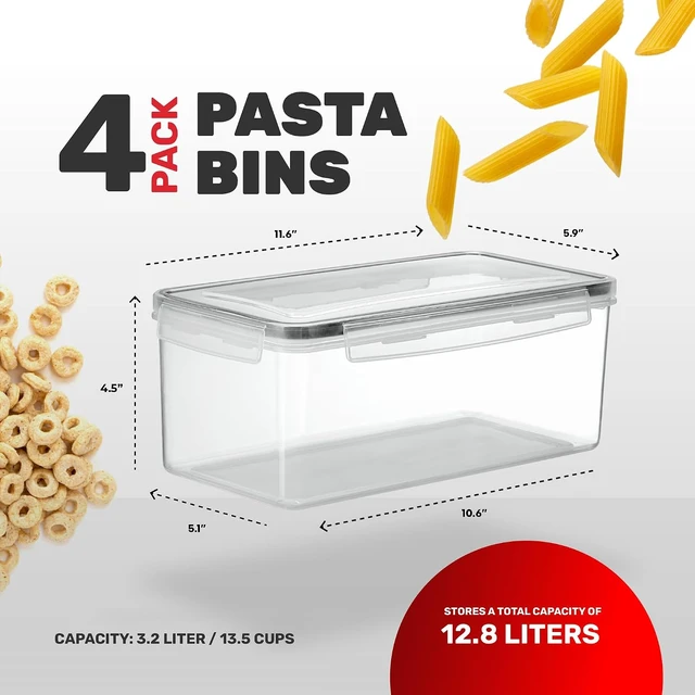 Alt view image 3 of 7 - Large Airtight Food Storage Containers with Lids Set of 4 3.2L - 102 fl. oz Pasta storage Containers, BPA Free Plastic Spaghetti container - Air Tight Canisters for Kitchen Pantry Organization