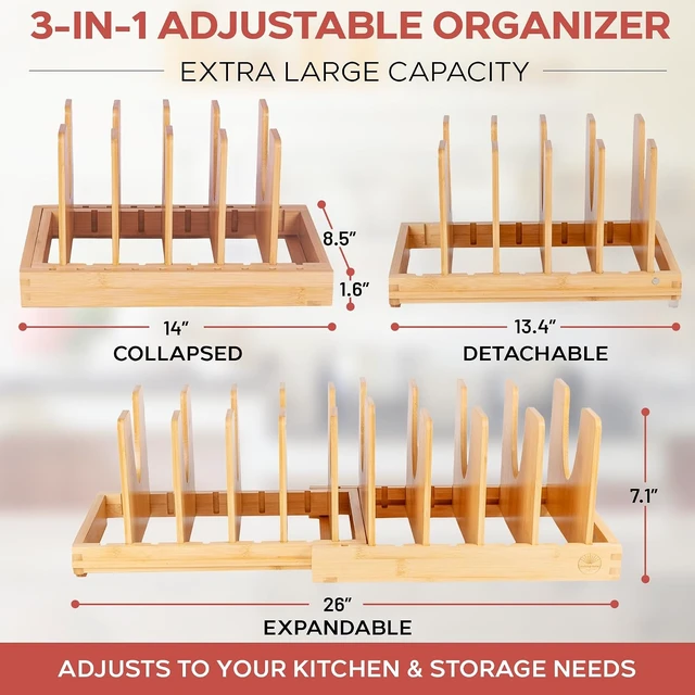 Alt view image 2 of 7 - Pot and Pan Organizer for Under Cabinet Bamboo Pot Lid Organizer for Cabinet with Magnetic Lock, Expandable 2-in-1, Adjustable Dividers, Non-Slip Base for Cutting Boards, Cookie Sheets, Bakeware