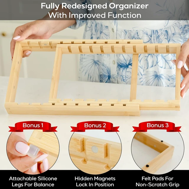 Alt view image 3 of 7 - Pot and Pan Organizer for Under Cabinet Bamboo Pot Lid Organizer for Cabinet with Magnetic Lock, Expandable 2-in-1, Adjustable Dividers, Non-Slip Base for Cutting Boards, Cookie Sheets, Bakeware