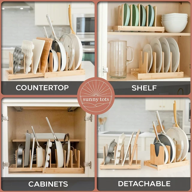 Alt view image 4 of 7 - Pot and Pan Organizer for Under Cabinet Bamboo Pot Lid Organizer for Cabinet with Magnetic Lock, Expandable 2-in-1, Adjustable Dividers, Non-Slip Base for Cutting Boards, Cookie Sheets, Bakeware