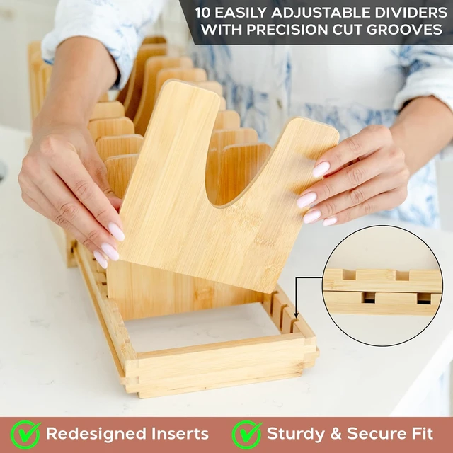 Alt view image 5 of 7 - Pot and Pan Organizer for Under Cabinet Bamboo Pot Lid Organizer for Cabinet with Magnetic Lock, Expandable 2-in-1, Adjustable Dividers, Non-Slip Base for Cutting Boards, Cookie Sheets, Bakeware