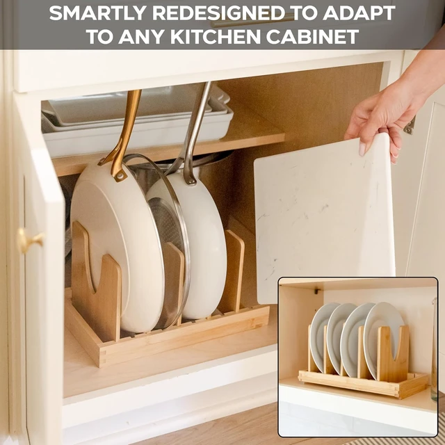 Alt view image 6 of 7 - Pot and Pan Organizer for Under Cabinet Bamboo Pot Lid Organizer for Cabinet with Magnetic Lock, Expandable 2-in-1, Adjustable Dividers, Non-Slip Base for Cutting Boards, Cookie Sheets, Bakeware