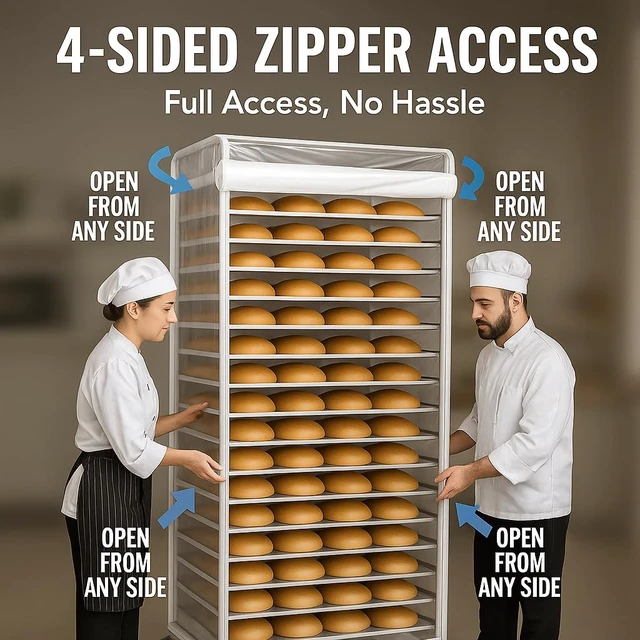 Alt view image 2 of 6 - Bun Rack Cover - Transparent PVC with 4 Sided Zippers - Universal 20 Tier Sheet Pan & Speed Rack Cover - Heavy Duty, Waterproof & Dustproof Bakery rack cover