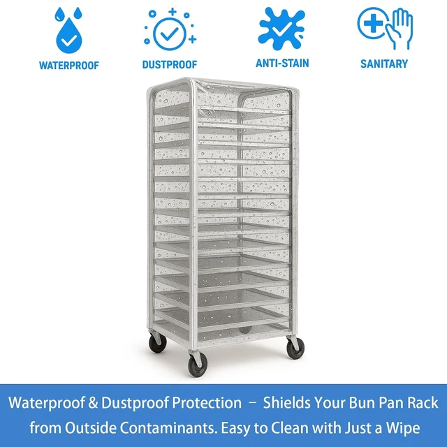 Alt view image 4 of 6 - Bun Rack Cover - Transparent PVC with 4 Sided Zippers - Universal 20 Tier Sheet Pan & Speed Rack Cover - Heavy Duty, Waterproof & Dustproof Bakery rack cover