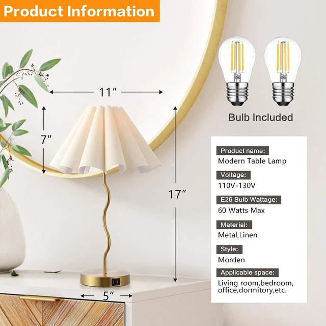 Alt view image 2 of 7 - Pleated Table Lamp, Table Lamp for Bedroom, Bedside Lamps for Nightstand with Linen Lampshade, Modern Lamp for Bedroom Home Office Decor