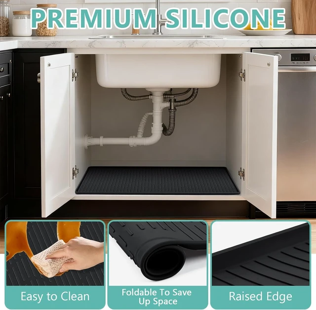 Alt view image 3 of 7 - 32" x 22" Under Sink Mat for Kitchen Under Sink Organizer Black